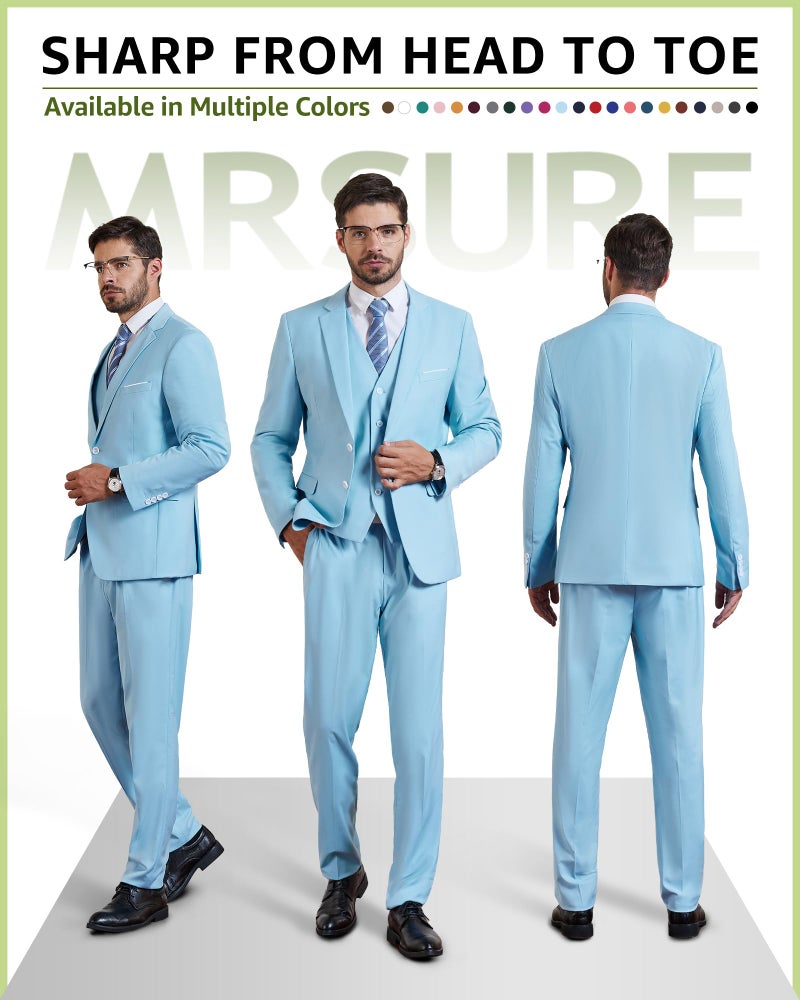 MrSure Men's 3 Piece Suit Blazer, Slim Fit Tux with 2 Button, Jacket Vest Pants & Tie Set for Party, Wedding and Business Sky - Image 2